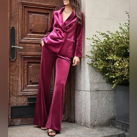 NWT EXPRESS 2 PC VELVET SUIT - BLAZER & HIGH WAIST FLARE TROUSER PANT LARGE (12) - Picture 1 of 5
